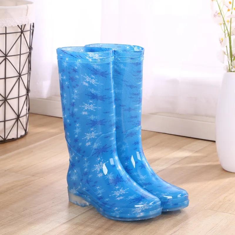 Rain Boots Women Print PVC Waterproof Shoes for Girls Knee-high Slip on Anti Skip Boots Long Tube Boots Fashion Size 36-41
