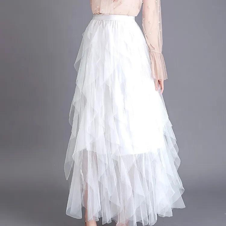 Spring Summer Sweet Cake Mesh Skirt Women's A-line Pleated Skirt Irregular Long Skirt Solid Color Fluffy Gauze Skirt Mid-length