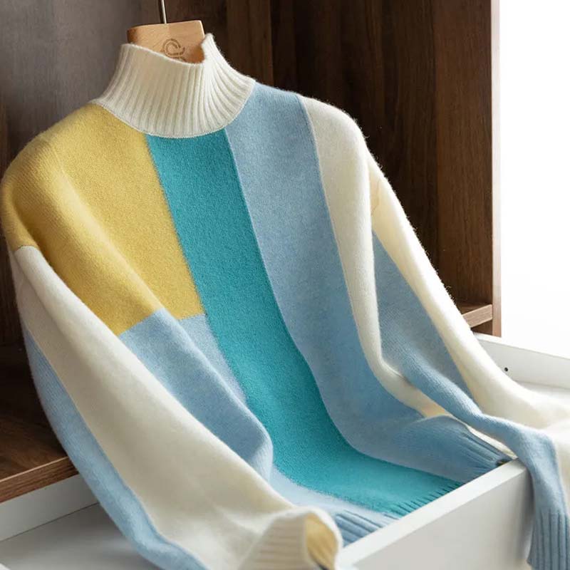 2021 Autumn and Winter New Half-high Neck Color Matching Knitted Sweater Women Loose Casual Pullover