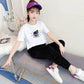 Girls Summer Suits Sports Leisure Children's Pants Long Feet + Cartoon Printing Short Sleeve Top Two-piece Set