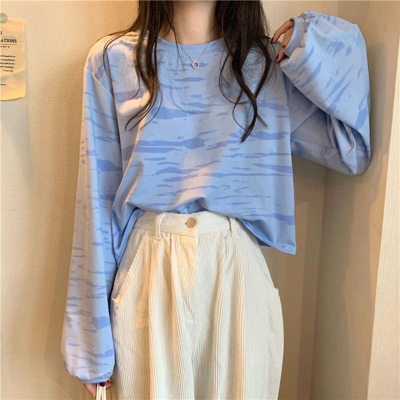 Tie-dye Striped T-shirt Women's Spring and Autumn Loose Short Long-sleeved Top Bottoming Shirt
