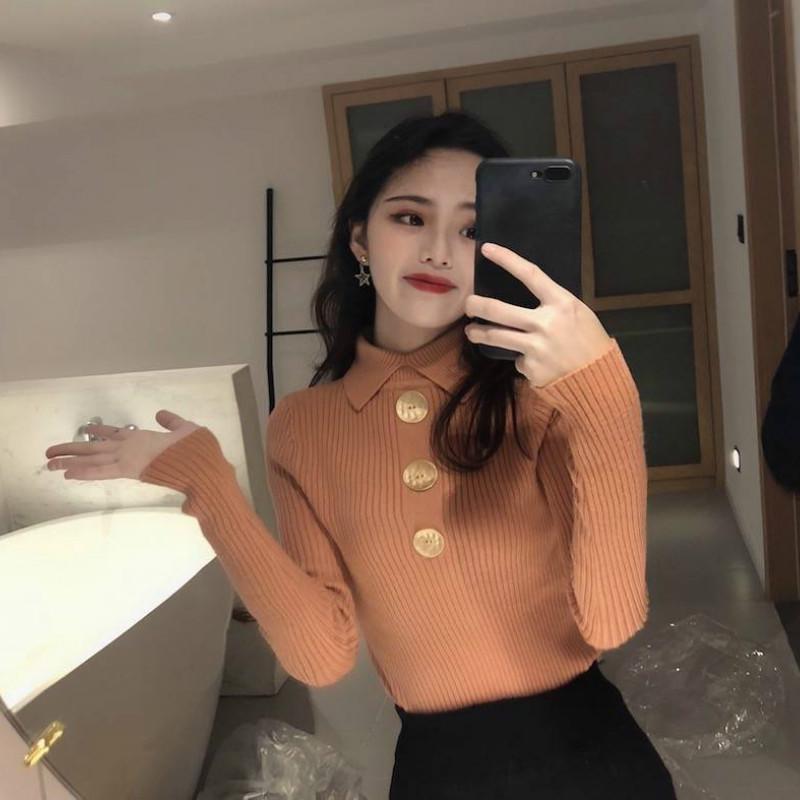 Pofulove Sweater Warm Winter Slim Fit Thin Thick Core Yarn Lapel Sweater Long Sleeve