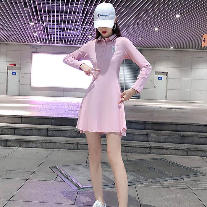 Pofulove S-2XL Women Summer Short-sleeved A-line Dress Student Slim Long Sports POLO-neck T-shirt