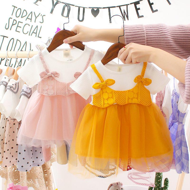 Children Dress Spring Summer O-neck Kids Clothing  Baby Girls Clothing Yarn Short Sleeve Dress Girl