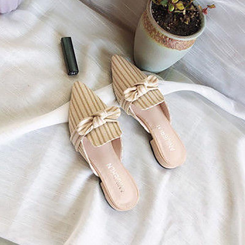 Sandals and Slippers Women's Outer Wear Spring and Summer Square Toe Korean Version of Thick with Bows All-match Lazy Half Slippers