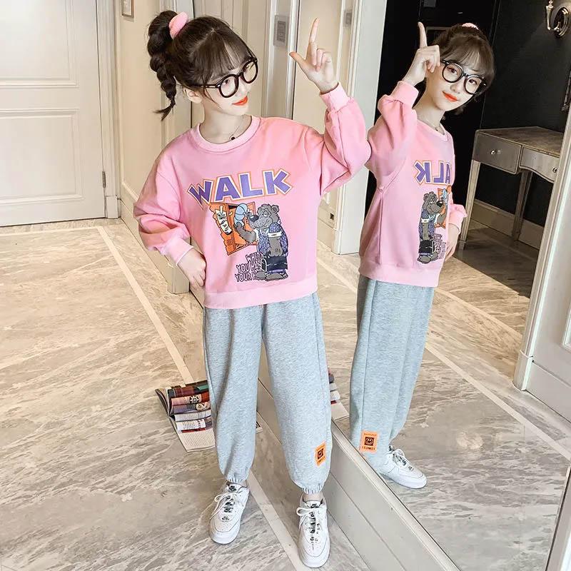 Girls Spring and Autumn Loose Leisure and Comfortable Pullover Round Neck Sweater + Sports Pants Set Children's Sports and Leisure Two-piece Set