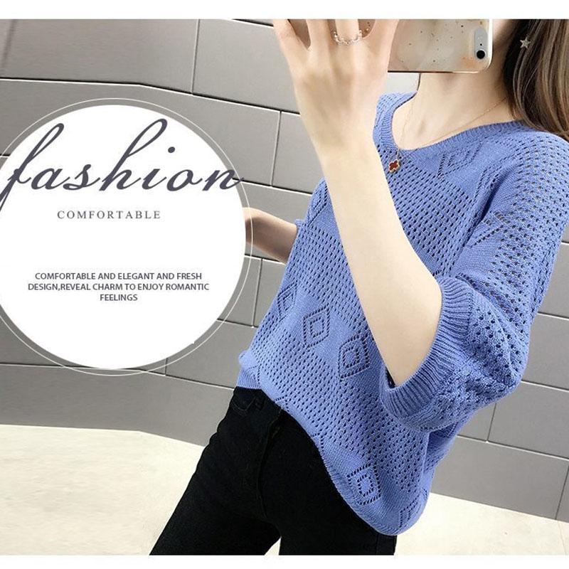 Women's V-neck Hollow Knit Sweater Women's Loose Korean Version of Batwing Sweater Top Women's Short Thin Knit Pullover Sweater
