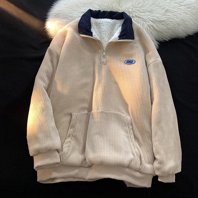 Lamb Velvet Half Zipper Polo Collar Sweater Women's Autumn and Winter Plus Velvet Thick Outer Wear Loose Warm Warm Jacket Top