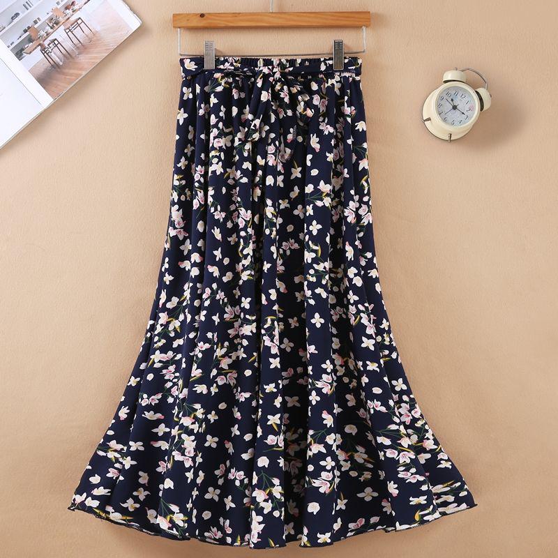 Summer Floral Printed Chiffon Women's Skirt High Waist A-line Long Skirts Female Casual Lady Skirt