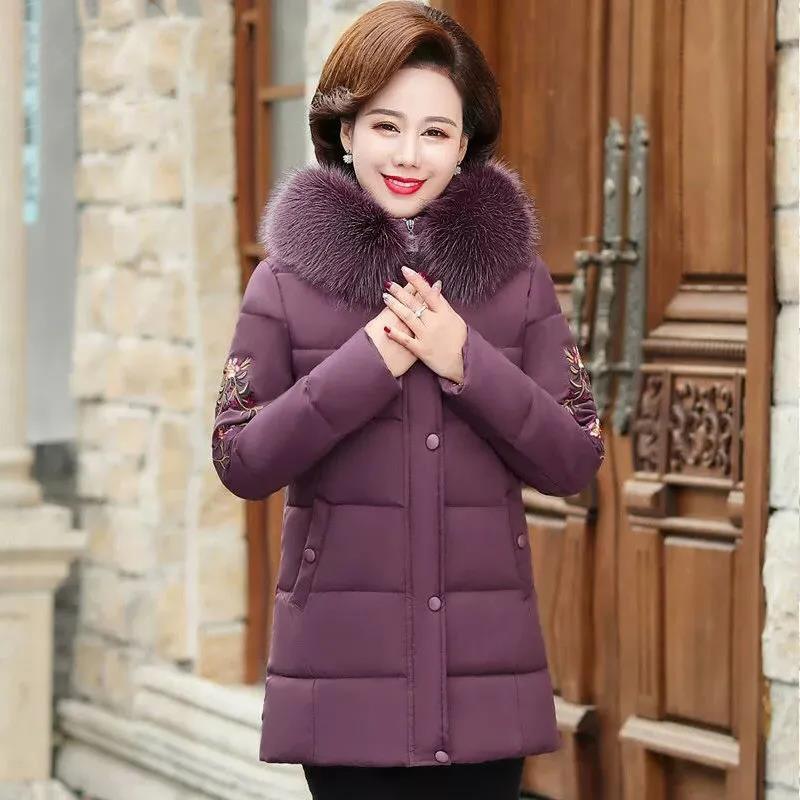Middle-aged and Elderly Women's Short Down Cotton-padded Jacket Mothers Wear Coat Big Fur Collar Thick Padded Jacket