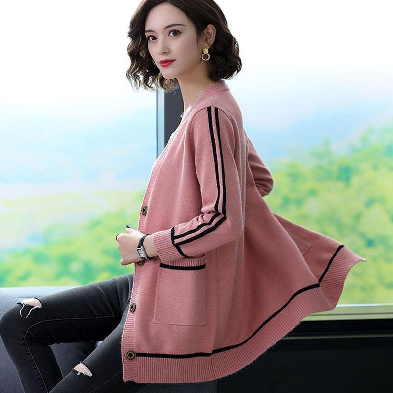 Spring and Autumn All-match Jacket Striped Pattern Mid-length Sweater Fashion Simple Style Female Top
