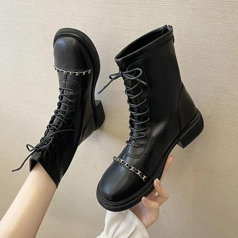 Thick-heeled Martin Boots Women's 2021 Summer British Style Retro Round Toe Short Boots Metal Chain Motorcycle Boots