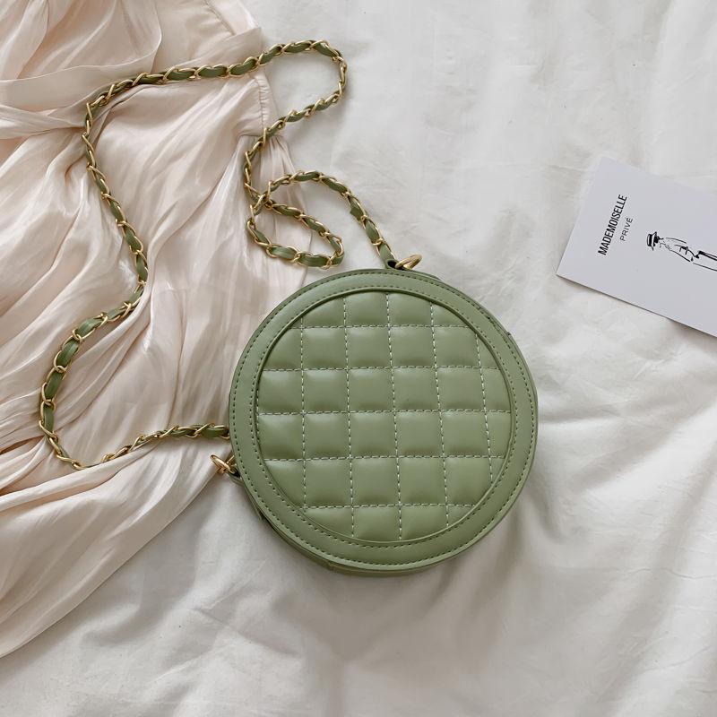 Diamond Lattice Round Bag Metal Chain Pu Leather Messenger Bag Women Outing Trip Large Capacity Crossbody Bags