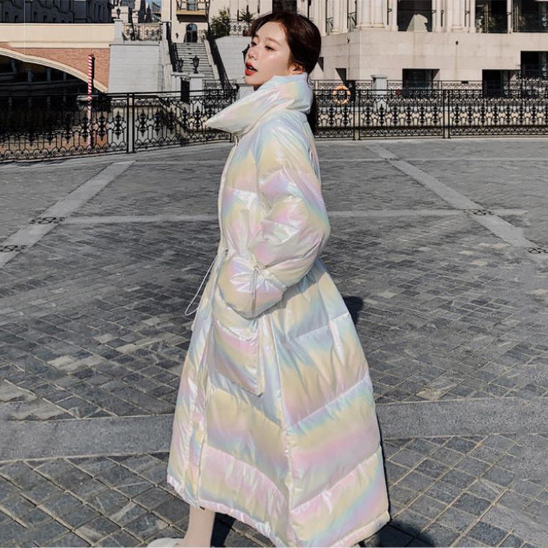 Women's Winter Korean Style Loose Quilted Jacket Warm Stand-up Collar Down Jacket Women's Bright Patent Leather Long Down Jacket