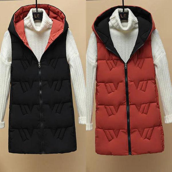 Women's Autumn and Winter Solid Color Loose Vest Hooded Long Reversible Vest Jacket Cotton Padded Windproof Warm Vest