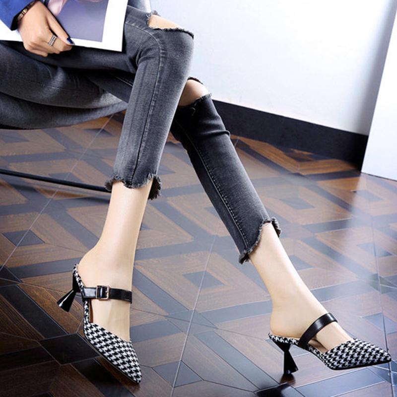 Spring/Summer Houndstooth Pointed Toe Shoes Wine Glass Heel Belt Buckle Slippers Female Korean Mid-heel Single Shoes
