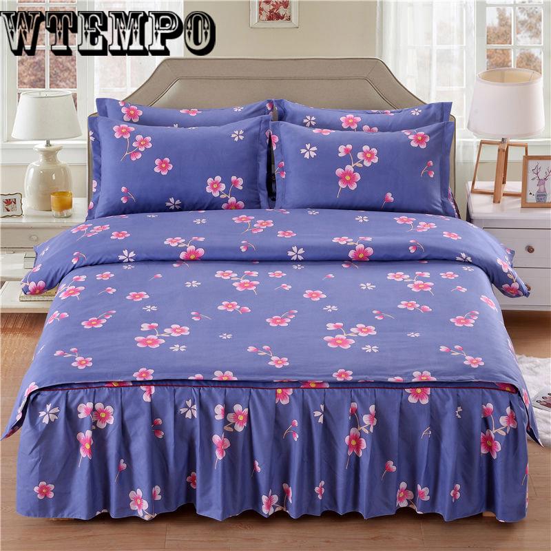 Winter Soft Padded Bed Skirt Set Bedroom Home Kits Bedding Cotton Four-piece Floral Print Quilt Cover