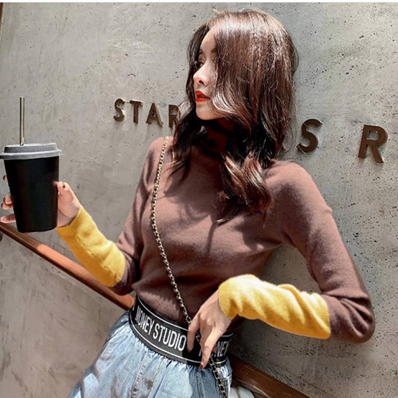 PofuLove Winter Long-sleeved Slim-fit Color-block Turtleneck Reversible Plus Velvet Bottoming Shirt