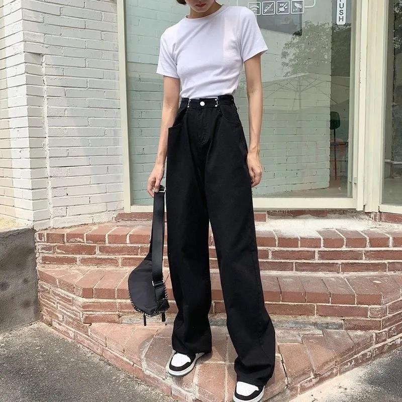 High Waist Leaps Jeans Female Loose Thin Four-color Straight Mop Pants