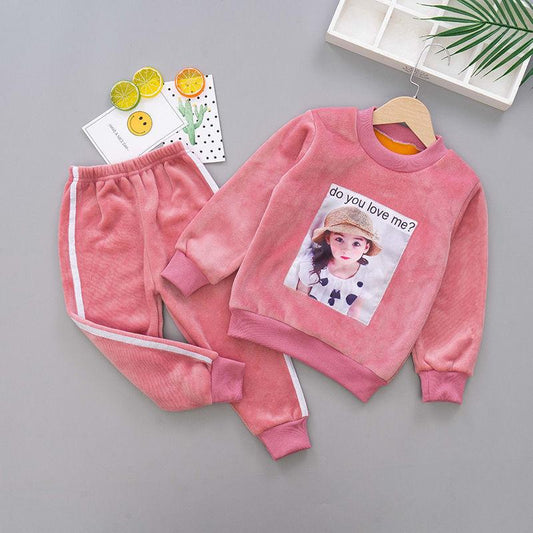 Double-faced Fleece Girls Two-piece Long-sleeved Plus Fleece Sweater Pants Spring, Autumn and Winter  Simple Fashion Suit Middle Small Children