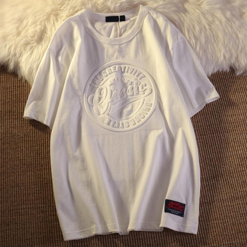 3D Engraved T-shirt Solid Color Retro Tees Summer Men O-neck Short Sleeve Shirt Bump Trend Casual Thin Pullover