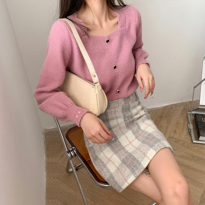 Spring, Autumn and Winter Outer Wear Square Neck Long-sleeved Pullover Sweater Women Loose and Thin Short Knit Sweater Women's Top All-match