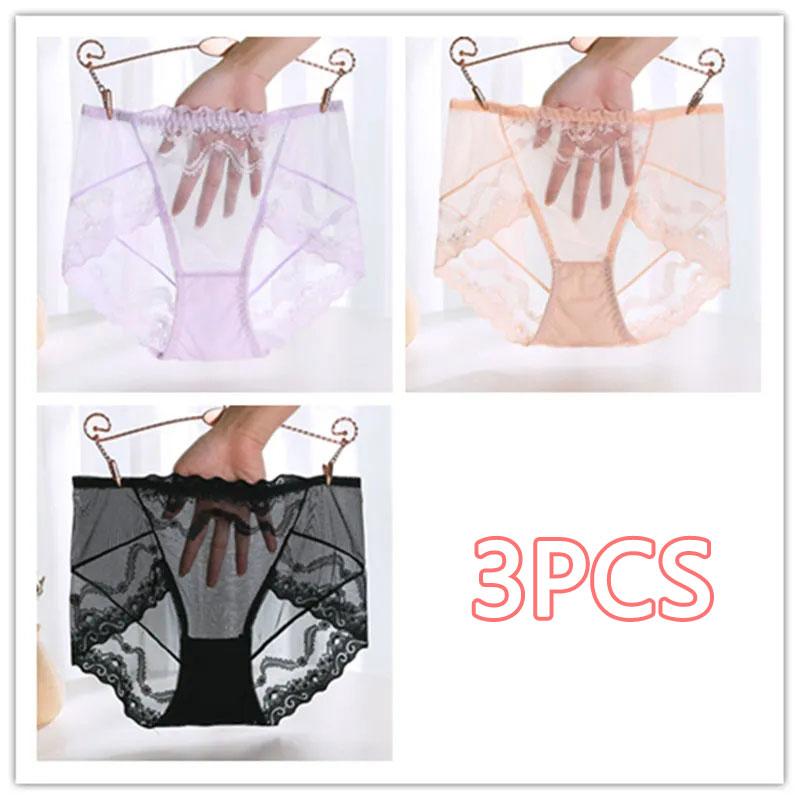 Black Plus Size Mid High Waist Panties Ladies Sexy Lace Mesh Seamless Transparent Ladies Briefs Transparent Hollow Out Panties