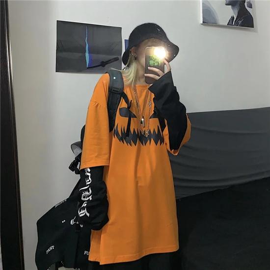 Dark Gothic Funny Pumpkin Fake Two Loose Long Sleeve T-shirts Modern Fashion Long Sleeve Clothing