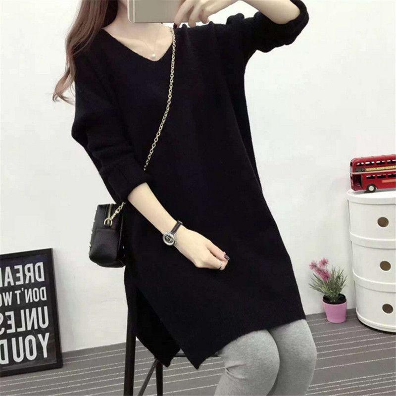 Oversized Women's Loose Bottoming Shirt Autumn and Winter V-neck Mid-length Knit Sweater Pullover Casual Coat