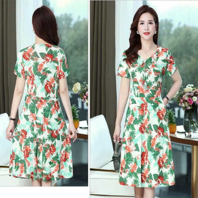 Women's Mid-length Skirt Floral Dress Middle-aged and Elderly Short-sleeved Large Size Loose and Thin Mother Long Skirt