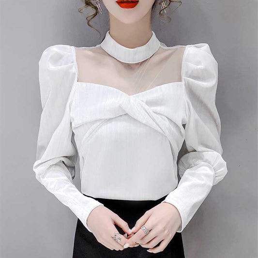 Mesh Velvet Top Spring and Autumn French Style High-end Puff Sleeves Exposed Collarbone Hollow Shirt Women