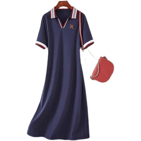 Temperament Casual All-match Sports Dress Female Summer Polo Collar Hit Color Slim Slimming Long Dress