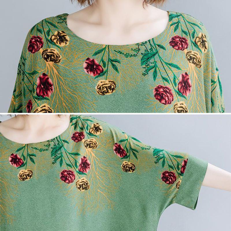 WTEMPO Green Plus Size Ladies Dress Summer Round Neck Long Dress Casual Full Length Flower Pattern