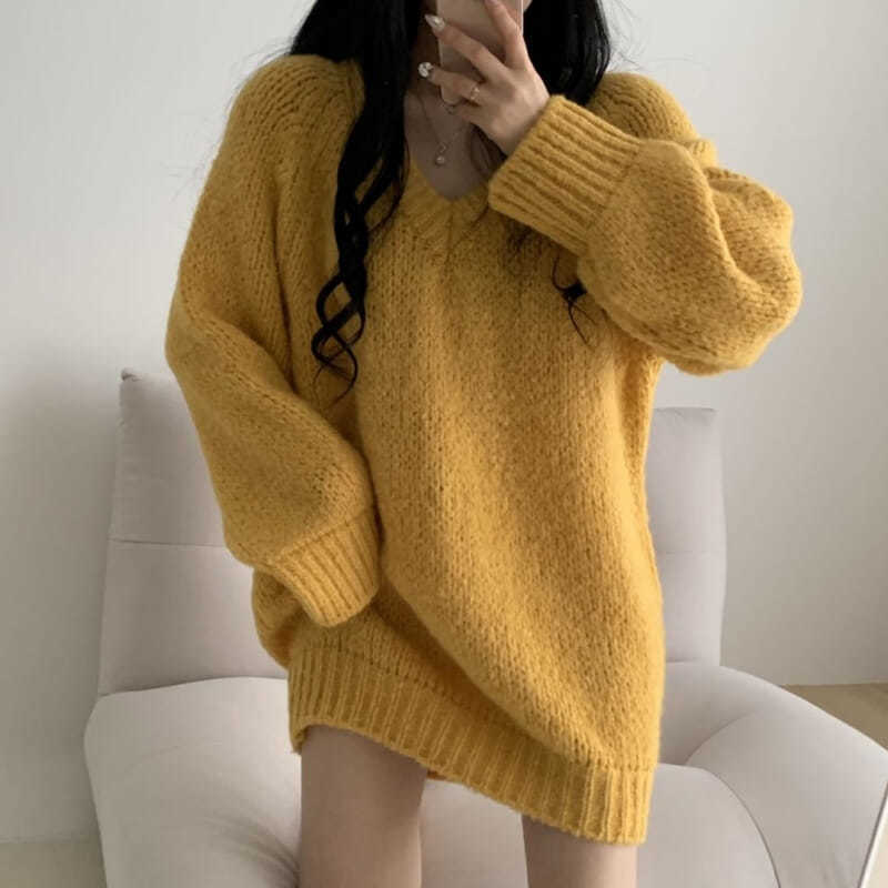 Loose V-neck Loose Sweater Women's Spring and Autumn Clothes Are Thin and Versatile Mid-length Lazy Style Sweater Sweater Top Oversizedsweater