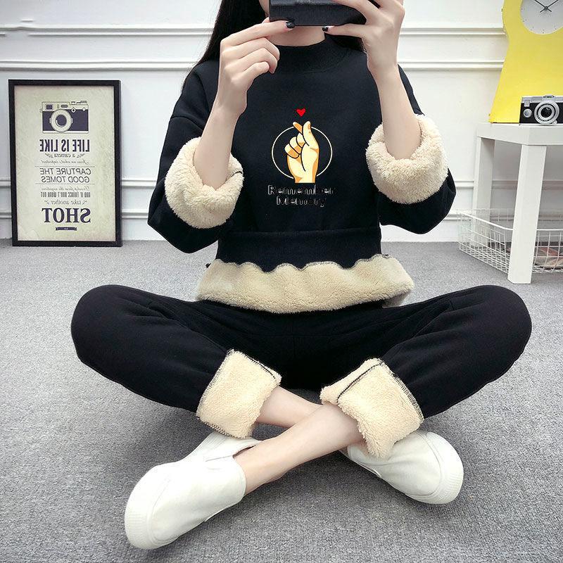 2pcs/set Women Fleece Liner Sweatshirt Tracksuit  Winter Casual Loose Jumper Plus Size  Outfits  Outwear