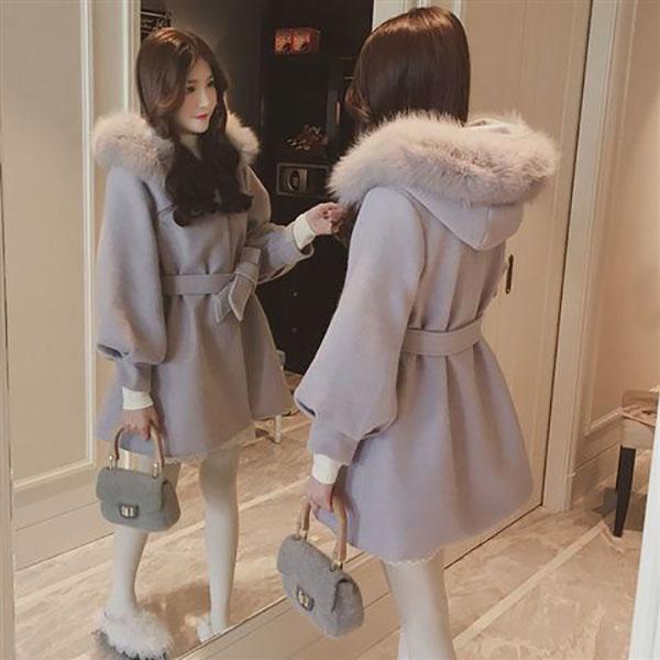 Women's Mid-length Woolen Coat with Waist and Woolen Collar Autumn and Winter Fashion Korean Small Thick Woolen Coat