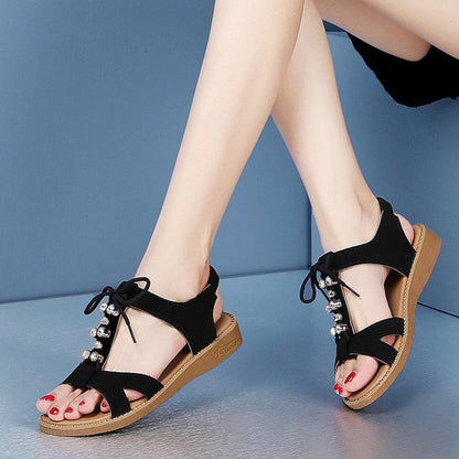 Sandals Female Summer Slope with Roman Rhinestone Flat Bottom All-match Beach Student Shoes Ladies Shoes Soft Leather Open Toe Sandals