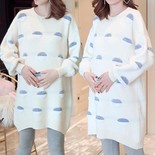 Fall/Winter Maternity Dress Long Sleeve Loose Fashion Top Color Block Round Neck Sweater