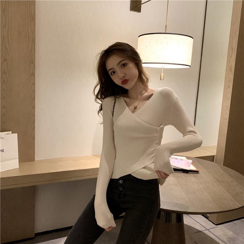 2021 Long-sleeved Cross V-neck Bottoming Shirt Women Autumn and Winter Knit Sweater