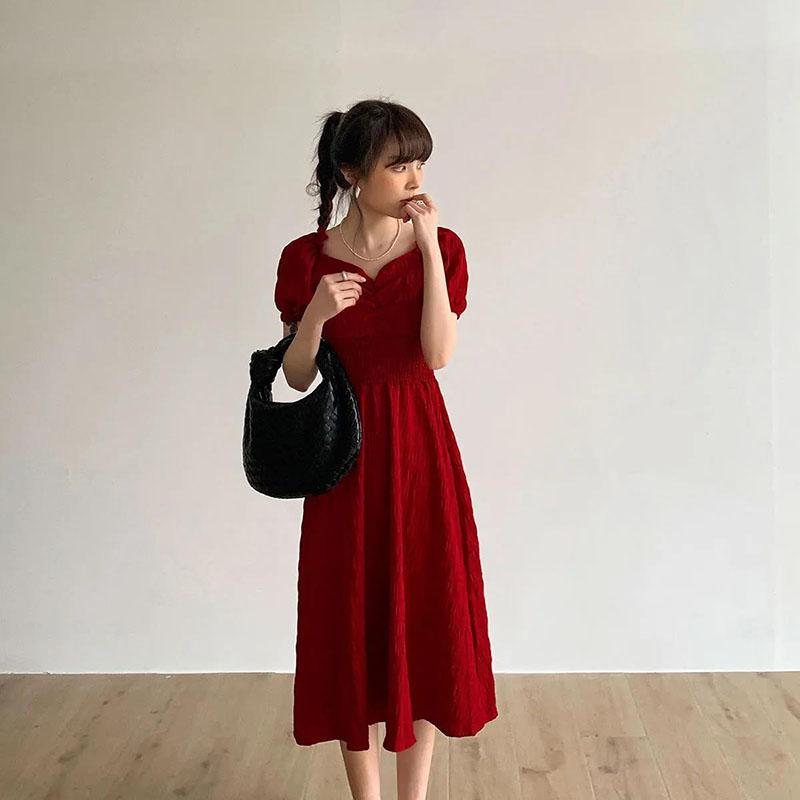 Women's Summer Puff Sleeve Dress Solid Color Chiffon Slim V-neck Long Skirt