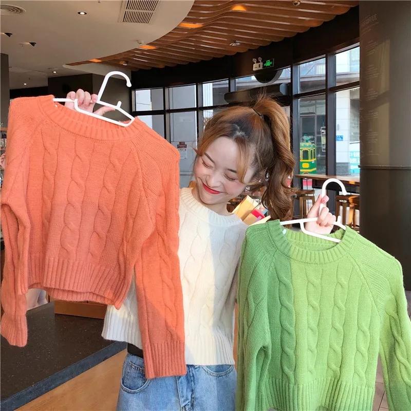 Sweater Women's Pullover Short Twist Knitwear Pure Color Korean Ladies Style Loose Top Trendy Sweater High Waist Jumper Fall