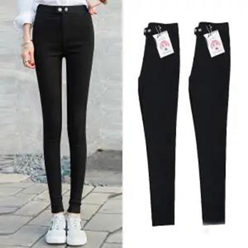 Double Button Winter Trousers Plus Velvet Leggings for Women's Outer Wear In Autumn and Winter High Waist Thin Black Pants Pencil Feet Warm Pants