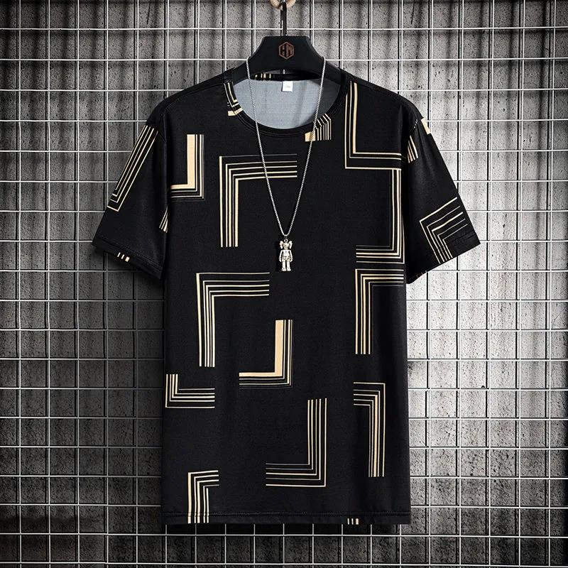 Men Ice Silk T-shirts Summer O-neck Short Sleeves Casual Shirts Oversized Geometric Graphic Print Tees Soft Breathable Cool Tops