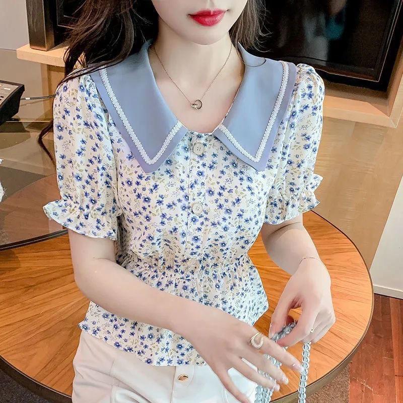 Contrast Color Doll Collar Short-sleeved Floral Shirt Women's Summer Dress Waist Short Shirt Top Trendy