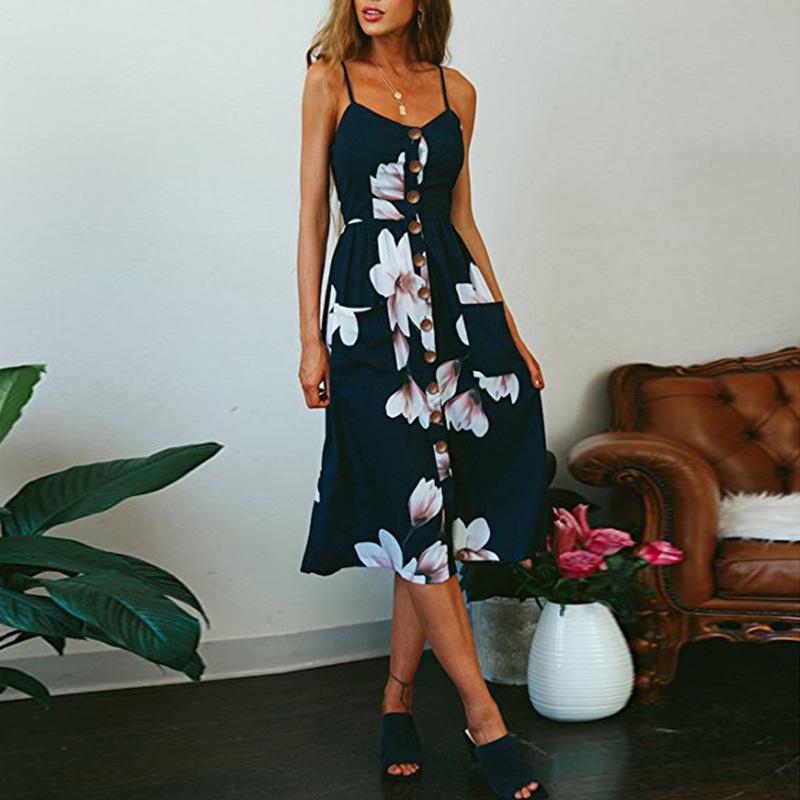 Pofulove Vintage Casual Sundress Female Beach Dress Midi Button Backless Polka Dot Striped Women Dress Summer  Boho Sexy Floral Dress