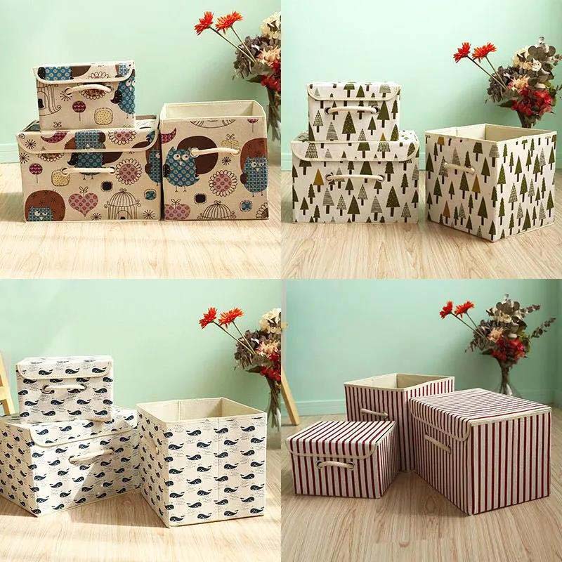 Simple Cartoon Cotton Linen Storage Box Dust Cover Foldable Clothes Underwear Toy Storage Box
