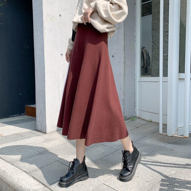 1PC Thick Skirt Knitted Pleated High Waist Midi Long Autumn Warm Dress Bottoming Skirts