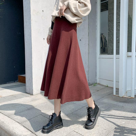 1PC Thick Skirt Knitted Pleated High Waist Midi Long Autumn Warm Dress Bottoming Skirts