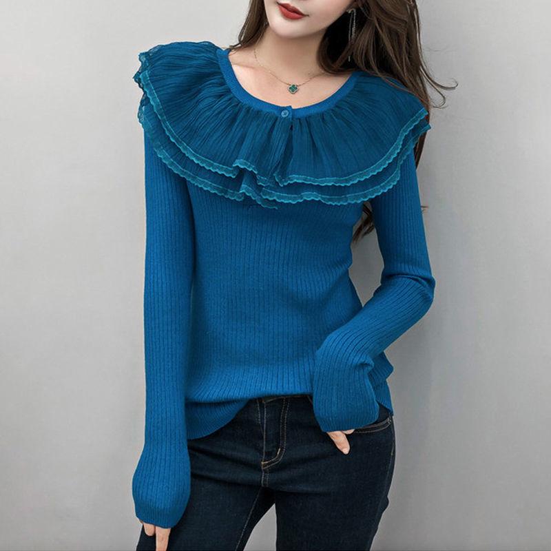 Autumn and Winter Lotus Leaf Collar Knitted Bottoming Shirt Slim Button Solid Color Sweater Fashion All-match