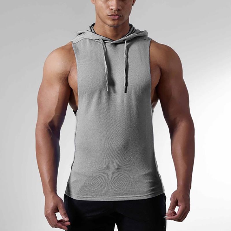 Men's Fitness Hoodie Sleeveless Sweater Cotton European Size Solid Color Sleeveless Hoodie with Hat Rope Deep Cut Vest